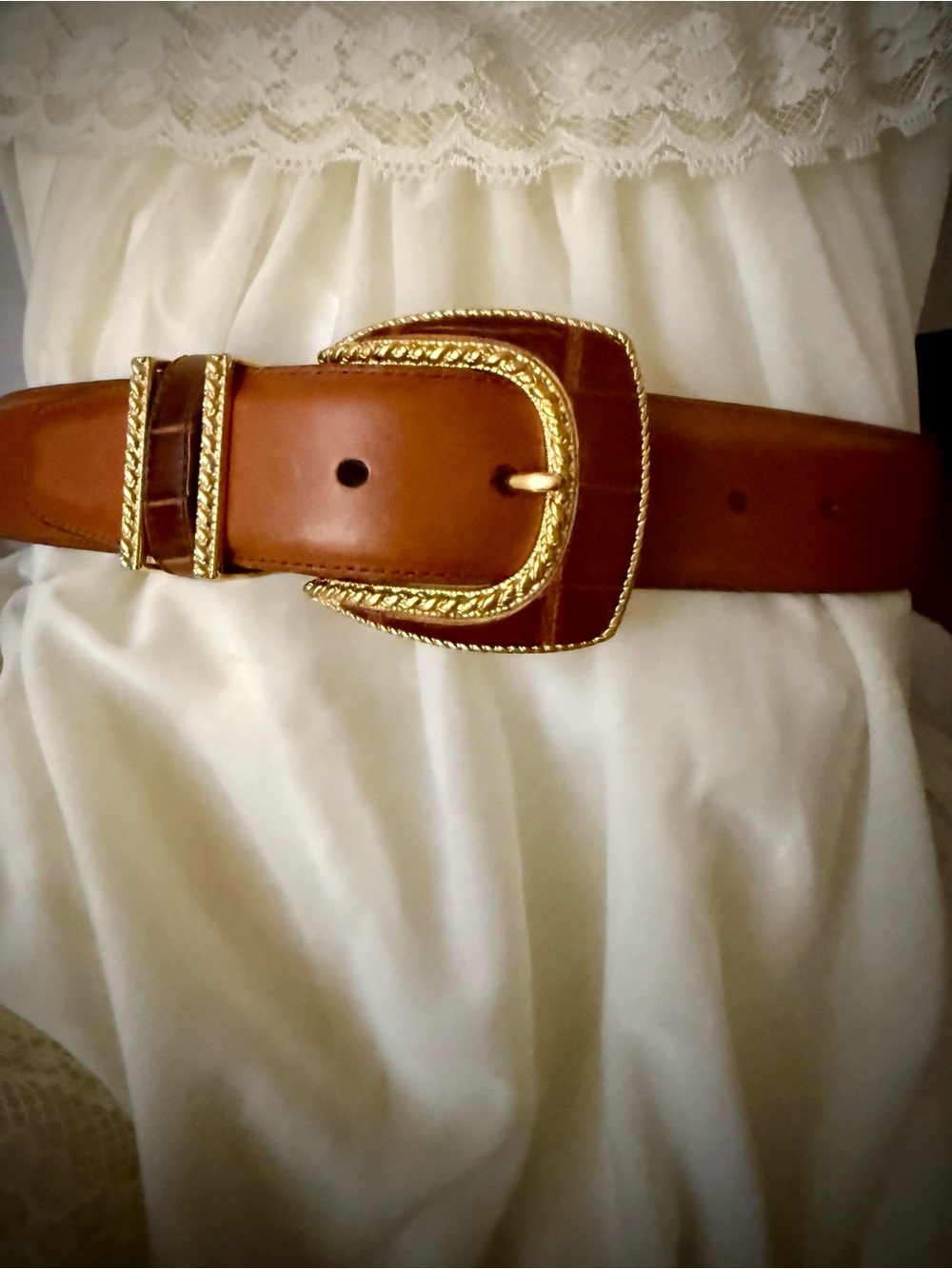 Brighton Tan Leather Belt with Gold-Tone Decorative Buckle M